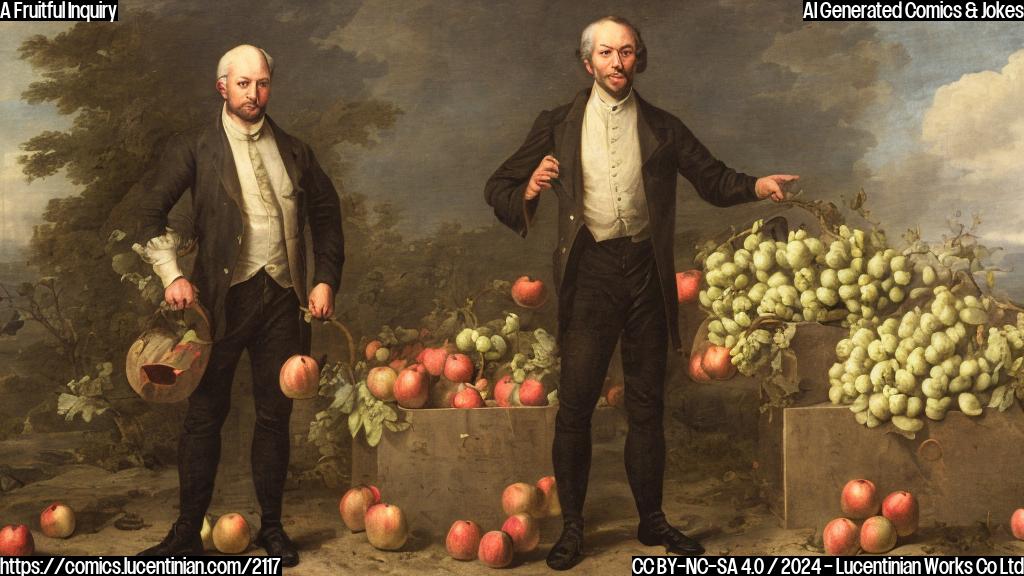 a stern-faced man holding a worn-out briefcase in one hand and a wilted bunch of apples in the other, standing in front of a faded diplomatic backdrop