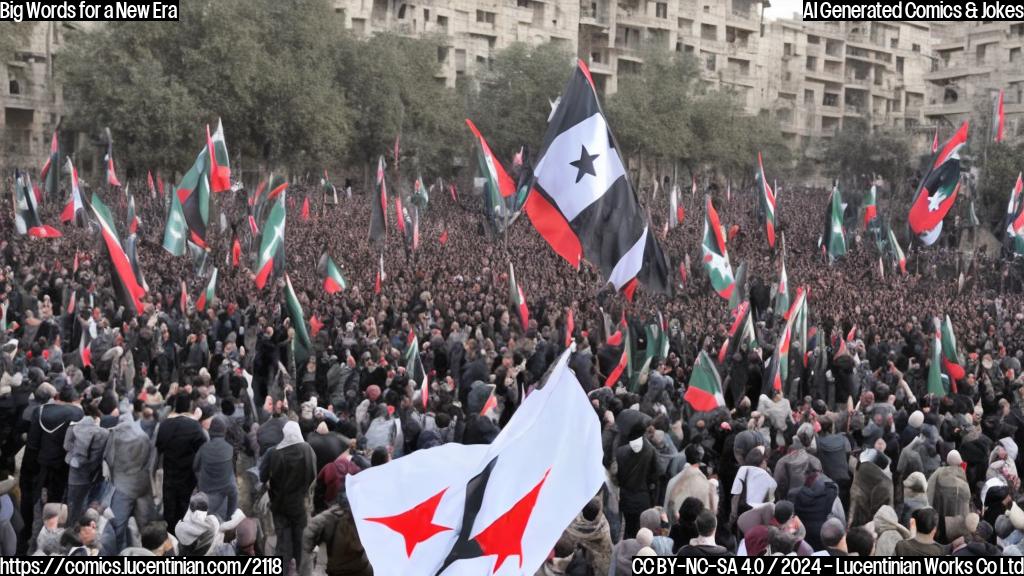 a group of people with determined expressions, wearing military uniforms and holding signs that read "New Syria" and "Assad is Over", standing on top of a large staircase or step with flags waving in the background, in a city square with a crowd of protesters surrounding them.