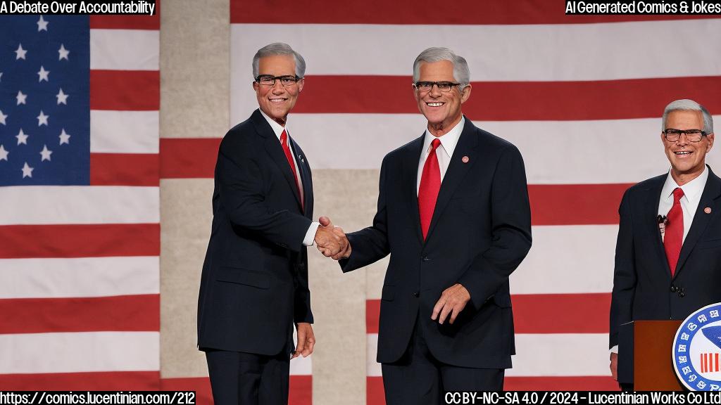 Describe two politicians from California standing on stage during a US Senate debate. The first, a seasoned and serious-looking older congressman with glasses and gray hair, gestures emphatically while wearing a suit. In contrast, the second, a more youthful senator, sports a friendly smile and looks relaxed in his own attire, possibly sporting shades. Behind them, a large wooden podium stands empty, with only a US Senate flag displayed on it. The background is a neutral, muted tone with subtle shading to represent depth.