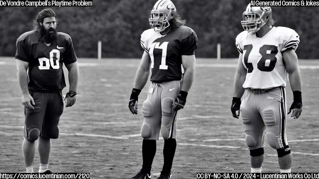 A gruff, rugged-looking football linebacker with a thick beard and a helmet under his arm stands stubbornly on the sidelines, arms crossed. A coach in a 49ers jersey stands beside him, looking frustrated and disappointed.