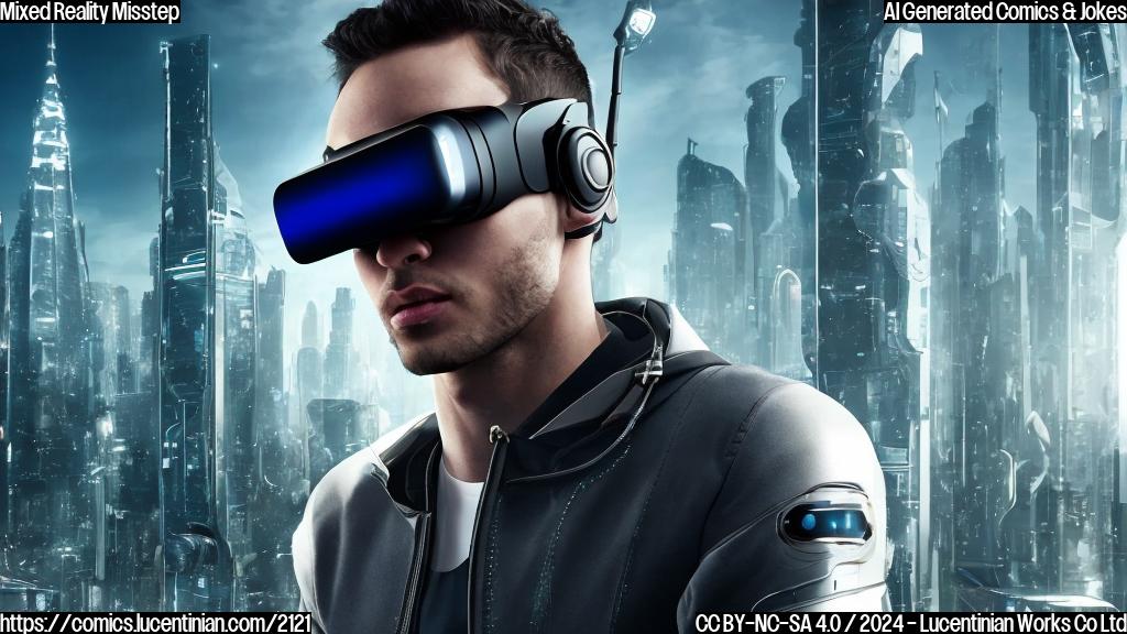 A person wearing a futuristic, sleek headset with a mix of augmented and virtual reality elements. The headset has a silver and black color scheme, with a subtle glow around the lenses. In the background, there's a blurred cityscape with buildings and people, but the focus is on the head-wearer, who looks slightly confused.