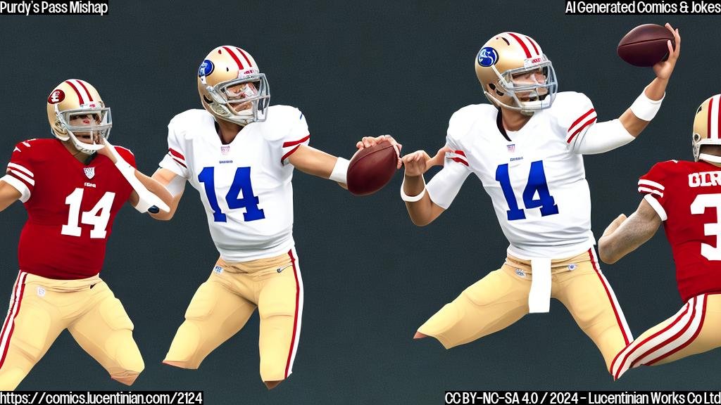 A football quarterback throws a pass to a wide receiver wearing #14, but the ball lands in the hands of another receiver wearing #13, standing next to the first receiver. The receiving area is filled with 49ers players. The color palette is muted and includes shades of blue, green and gray. The style should be cartoonish with simple shapes.