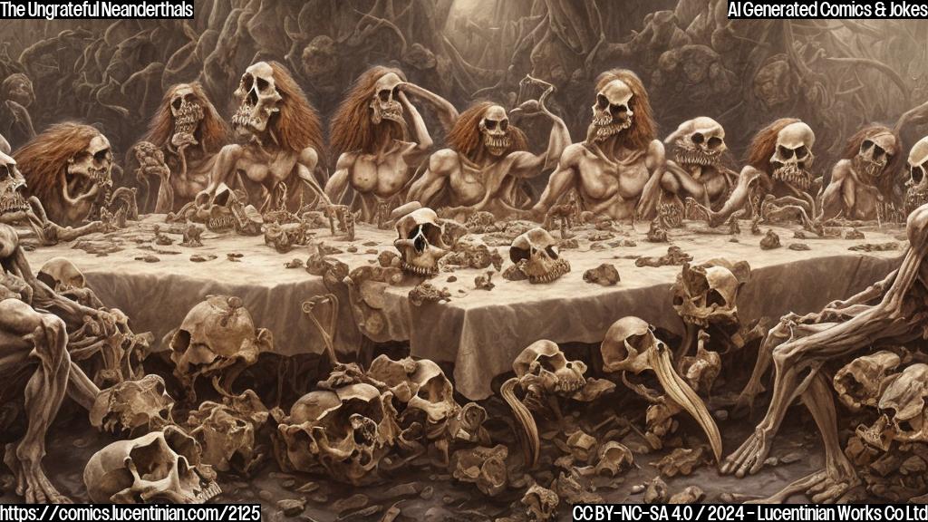 Draw a cartoon-style picture of a group of Neanderthals sitting at a table, looking stressed and overwhelmed, with a few skulls and bones scattered around them. The background should have a subtle "extinction event" theme, such as a faint outline of Africa or a smoky atmosphere.