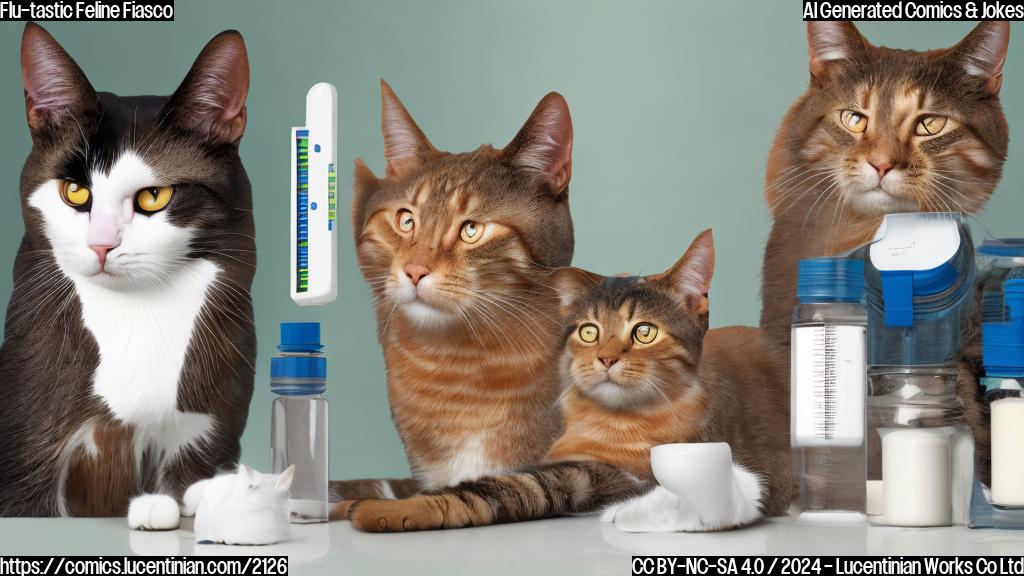 Illustrate two cats, one looking very sick and lethargic, with a container of recalled raw milk nearby. The other cat is sitting next to a thermometer, looking healthy but concerned.