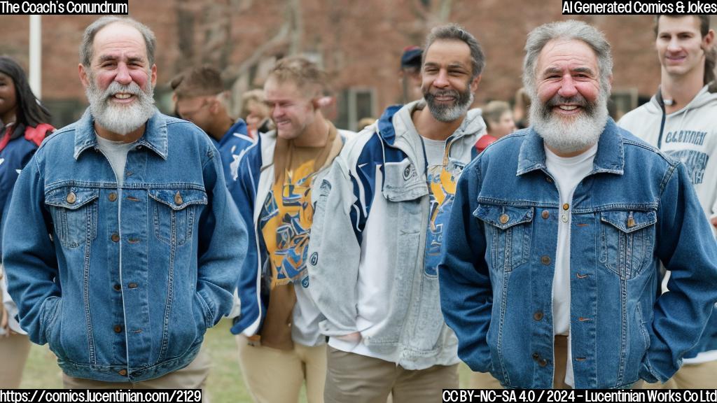 A gruff, older football coach with a bushy gray beard and a worn denim jacket stands in front of a university's athletic department office, while a young, enthusiastic administrator with a bright smile and a stack of papers looks on nervously.