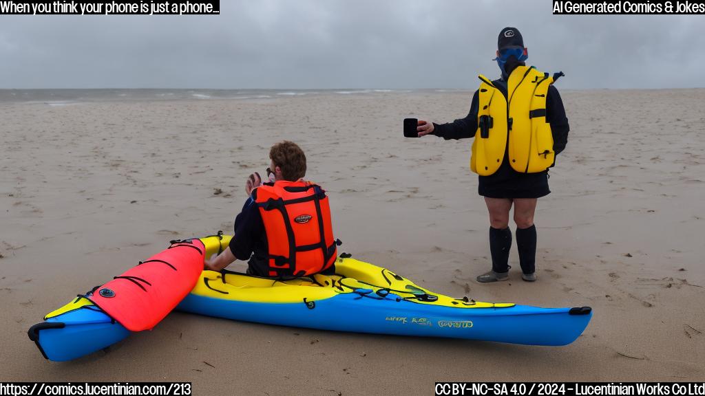 A satellite phone on a person's wrist, surrounded by stormy weather outside (e.g. wind, rain), with a worried expression on the person's face and a hint of relief on their face as they hold up the phone to send a signal.