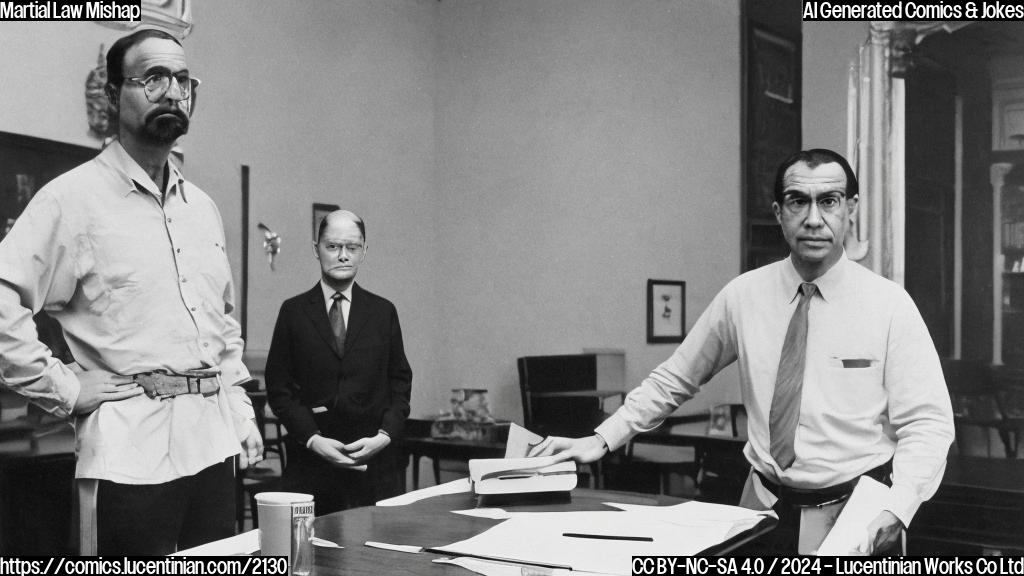 A stern-looking executive with a clipboard and standing on a small step, while another person looks up at them expectantly from across a large wooden table. The background is a drab, beige-colored room with only a few pieces of furniture in sight.