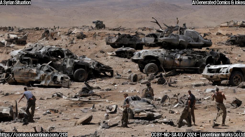 A desert landscape with a few destroyed military vehicles and tanks, set against a backdrop of a rugged Syrian mountain range. A lone Israeli fighter jet soars through the sky, its shadow cast over a destroyed vehicle below. In the foreground, a group of Israeli soldiers are seen searching through the rubble for missing parts.