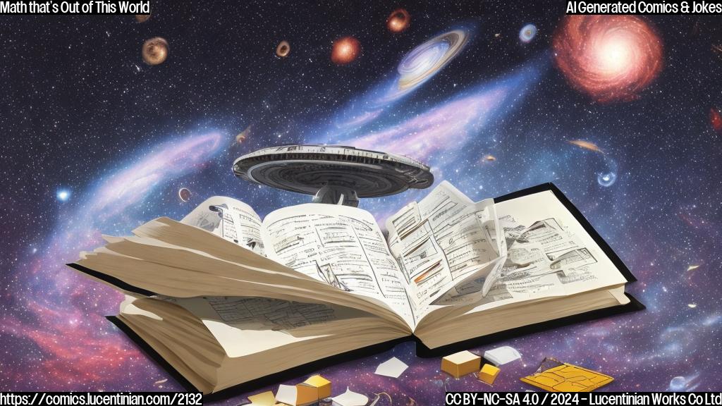 A spaceship with a stack of math books, one open to a complex equation, surrounded by stars and galaxies in the background.