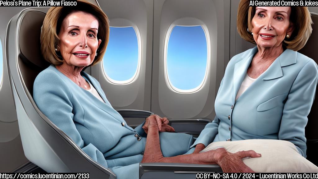 Draw a simple cartoon style picture of a mature female politician (representing Nancy Pelosi) sitting in a plane seat with an extra pillow under her head, looking slightly uncomfortable and congested. The background should include airplane seats, overhead compartments, and a blurred view of the outside window.