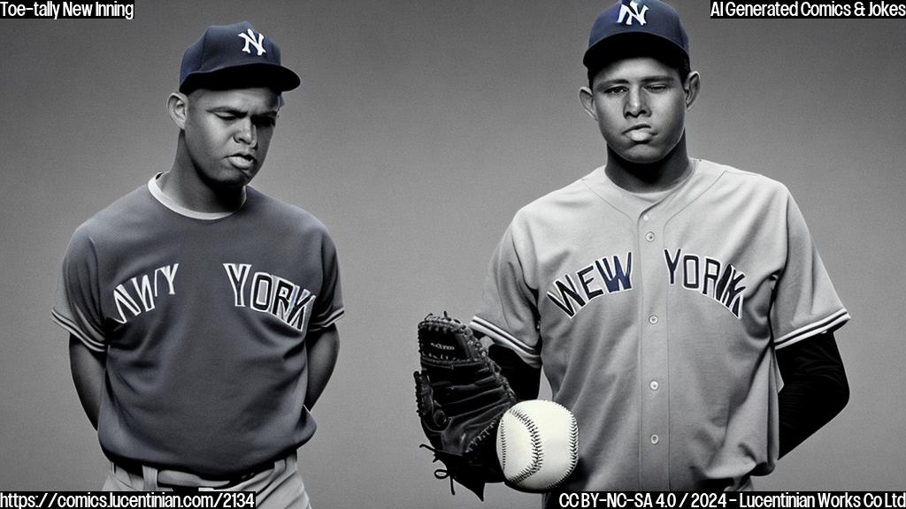 A baseball player holding a baseball in his hand, looking frustrated, and wearing a Yankees uniform. The background should be of a baseball stadium with the New York City skyline visible.