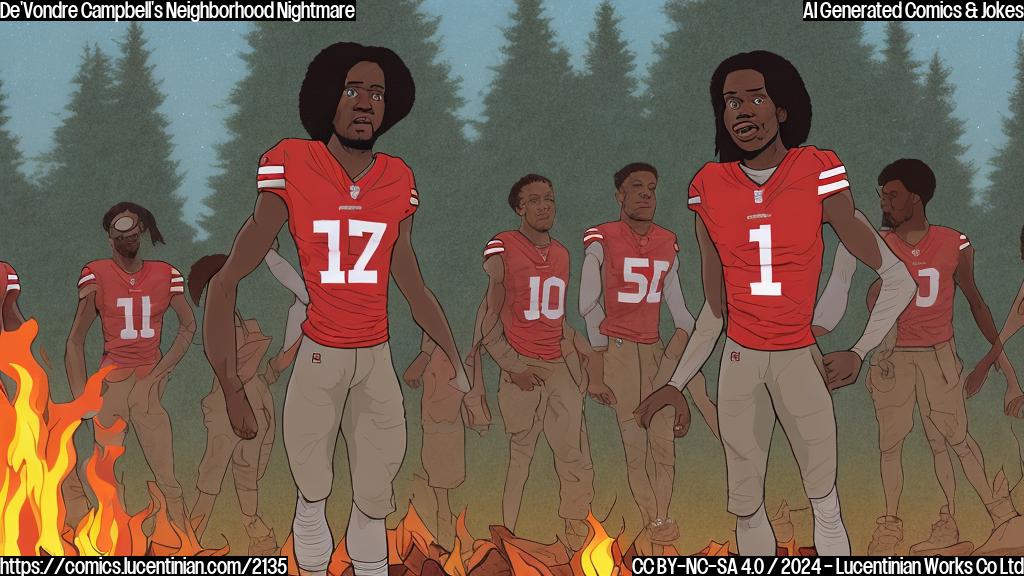 A cartoon style image of De'Vondre Campbell standing alone in front of a campfire, with a shocked expression on his face and his 49ers teammates gathered around him, looking upset and disappointed. The background should be a blurred forest with a few trees and mountains in the distance. The color palette should be muted with shades of green, brown, and gray.