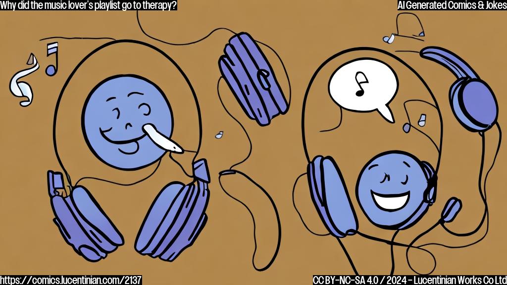 A cartoon-style illustration of a smiling playlist with a thought bubble, surrounded by musical notes and headphones. The playlist is holding a therapist's notepad and pen, with a faint guitar string wrapped around its "head".