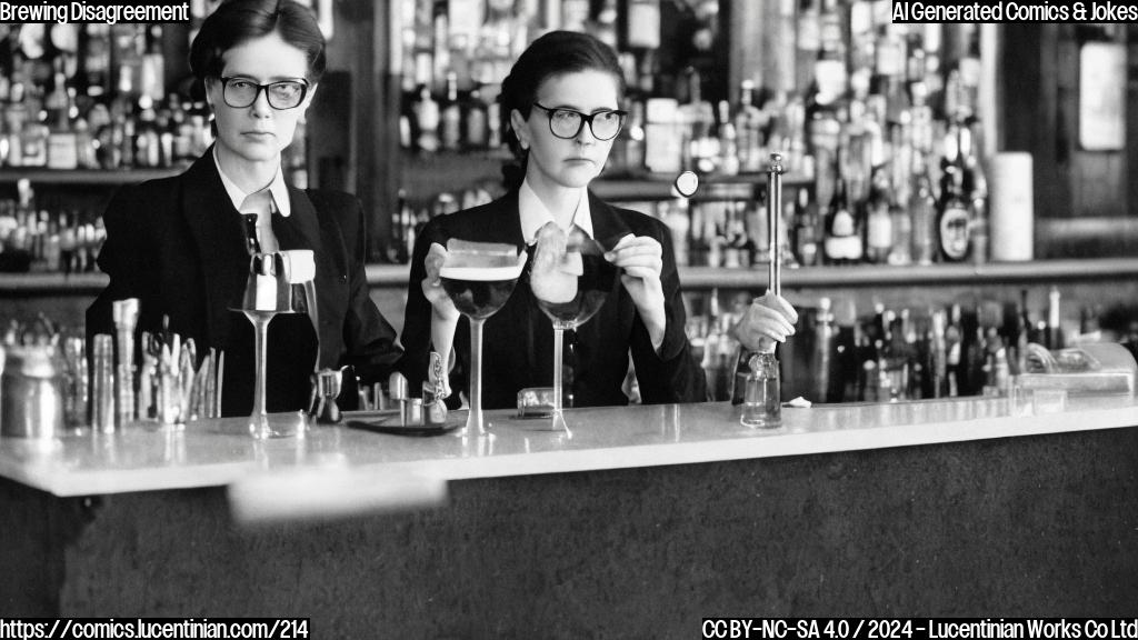 A stern-looking woman with glasses and a suit, standing in front of a bar counter, sipping a beer and looking directly at the viewer. In the background, there is a person sitting alone on a stool, nursing a glass of beer. The atmosphere is casual and relaxed, but with an undercurrent of tension and disagreement.