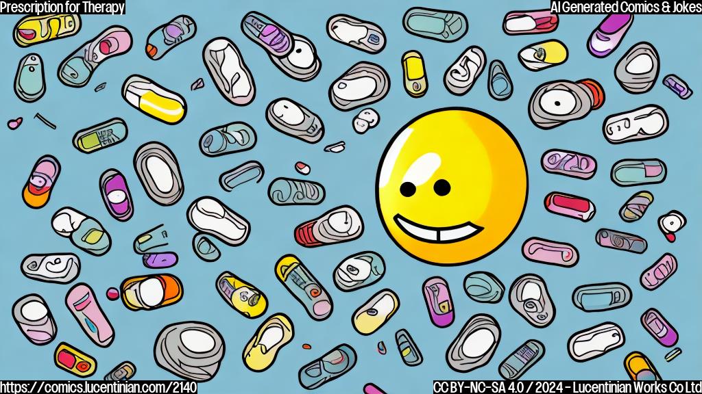 A smiling pill with a thought bubble, surrounded by pills and medical books, in a cartoon style with simple shapes and bold lines.