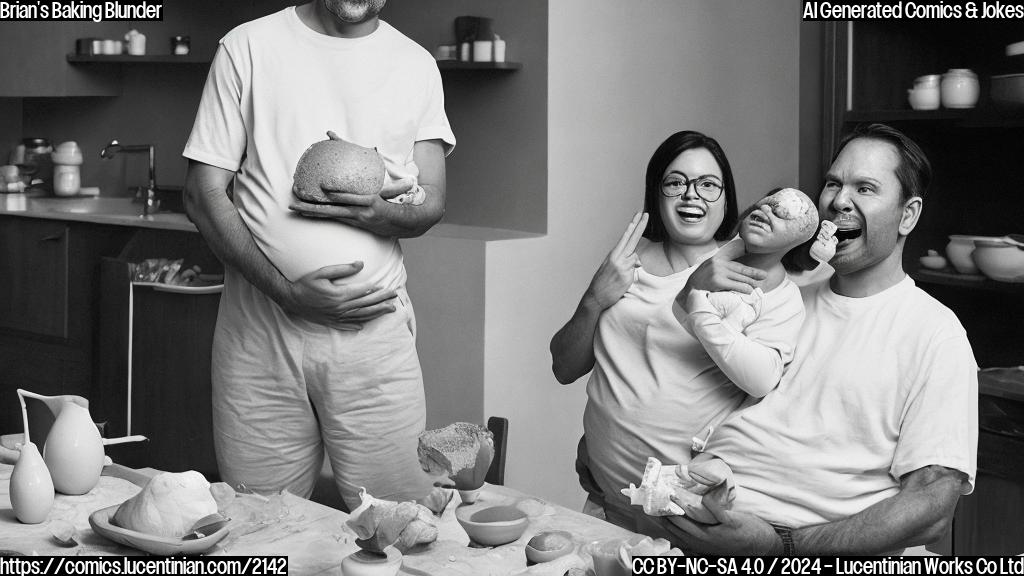 A middle-aged man with a kind face, wearing a casual outfit and holding a baby block, stands next to his pregnant ex-wife, who is holding her belly with a mix of amusement and annoyance on her face. The background is a subtle kitchen scene with a mixing bowl and baking utensils.