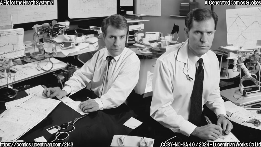 a middle-aged white male with a suit and tie sitting at a desk, surrounded by charts and medical equipment, looking serious and concerned