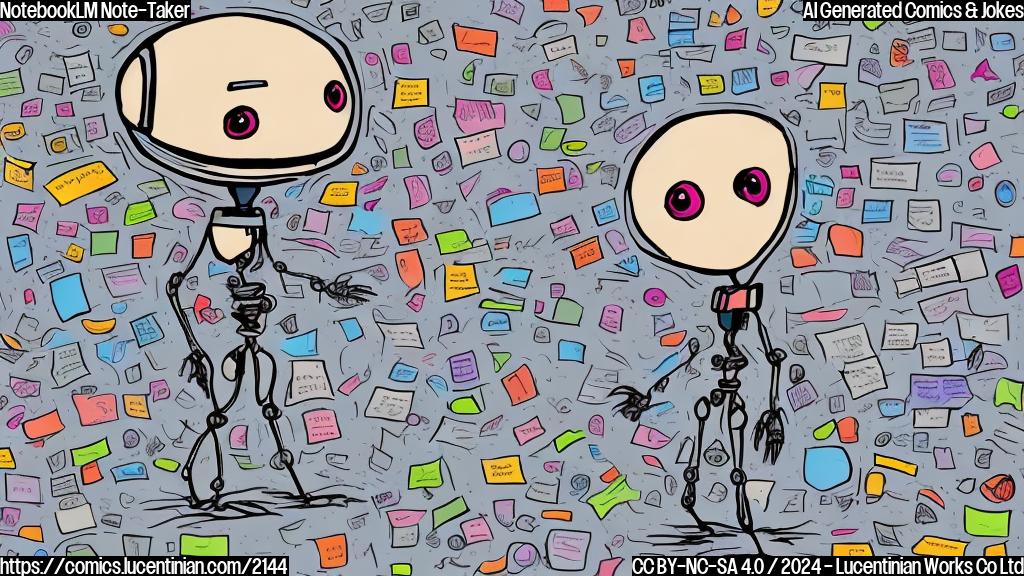 Draw a cartoon style picture of a small, slender robot with multiple tabs and pages, surrounded by scribbled notes and papers, looking slightly overwhelmed and concerned.