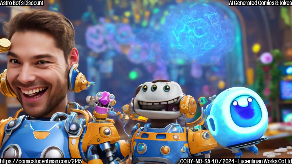 Generate an image of a smiling console gamer with a surprised expression, holding a discounted copy of Astro Bot, surrounded by coins and a calendar displaying the discount offer.