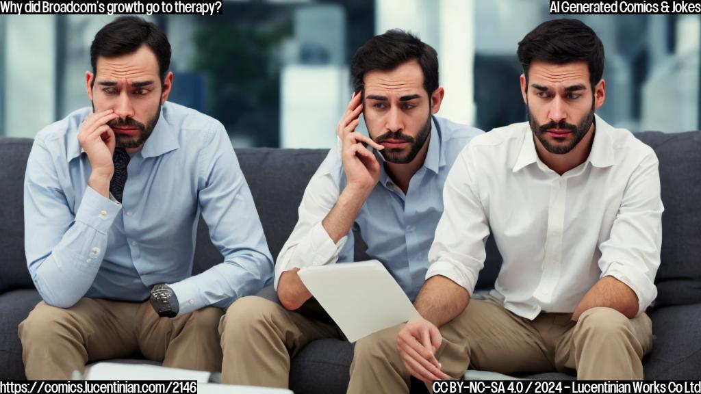 A stock with a huge market capitalization, surrounded by worried-looking shares, sitting on a therapist's couch, with a worried expression on its face.