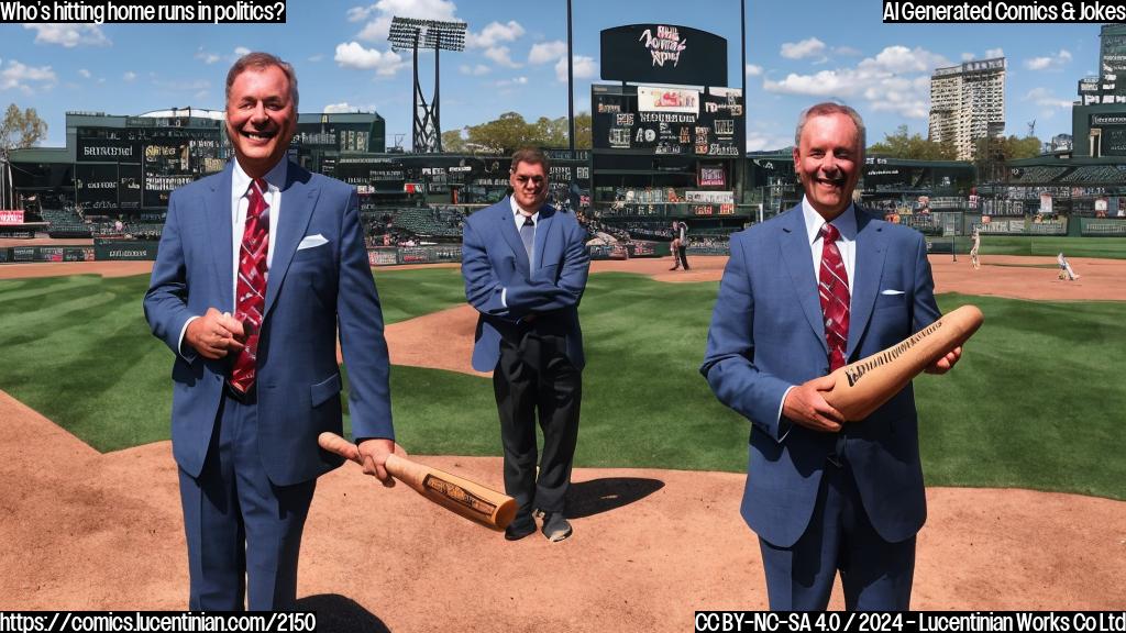 A smiling, middle-aged man with a suit and tie, standing in front of a baseball diamond. He is holding a bat and wearing a confident expression on his face. The background is a bright, sunny day with a few baseball players watching from the stands.