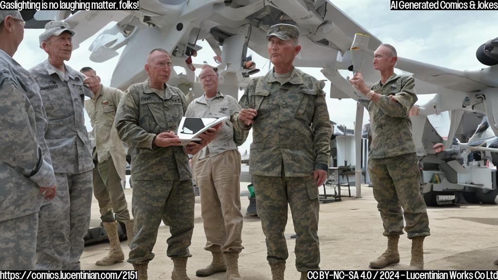 A retired military officer stands confidently in front of a raised platform, holding a small ladder while wearing a stern expression. In the background, two people are seen arguing and looking confused, with one person holding up a tablet displaying a drone image.