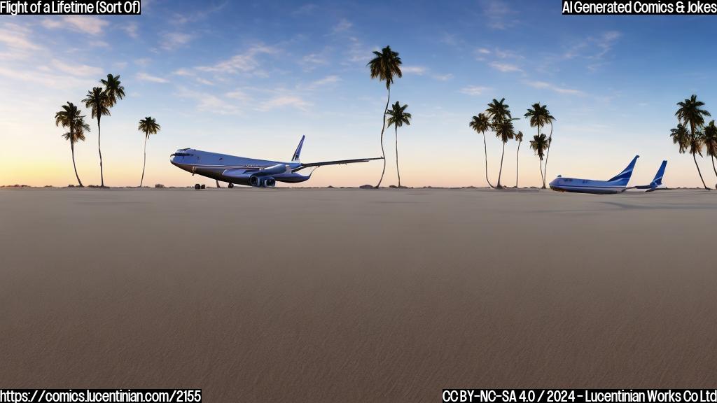 a cargo plane with propellers and a rectangular fuselage, landing in the middle of an endless sandy plain, with a few palm trees in the background, under a bright blue sky with a hint of sunset colors.