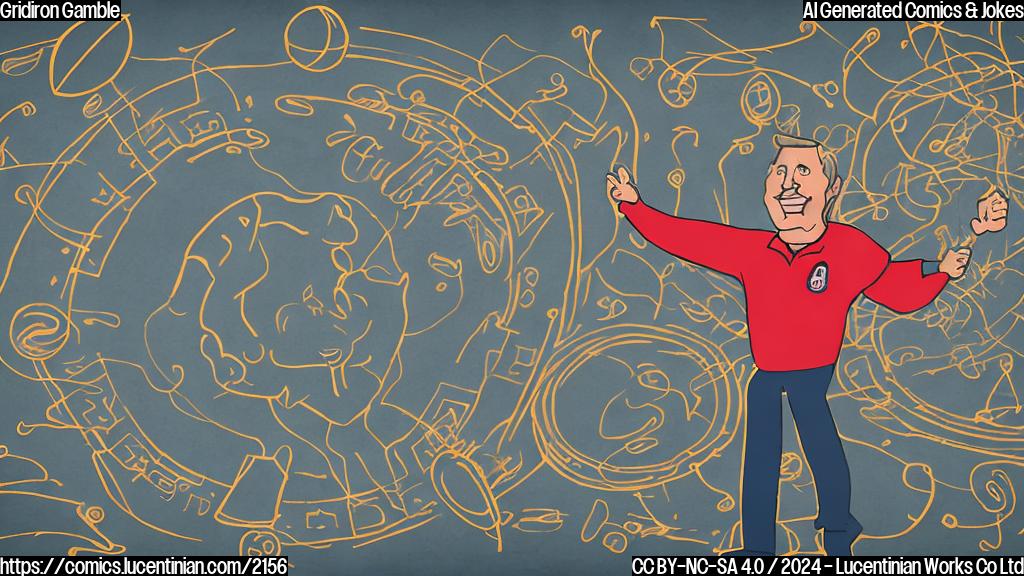 A cartoon of a football coach standing on a gridiron with a bowl-shaped background, surrounded by swirling arrows and question marks.