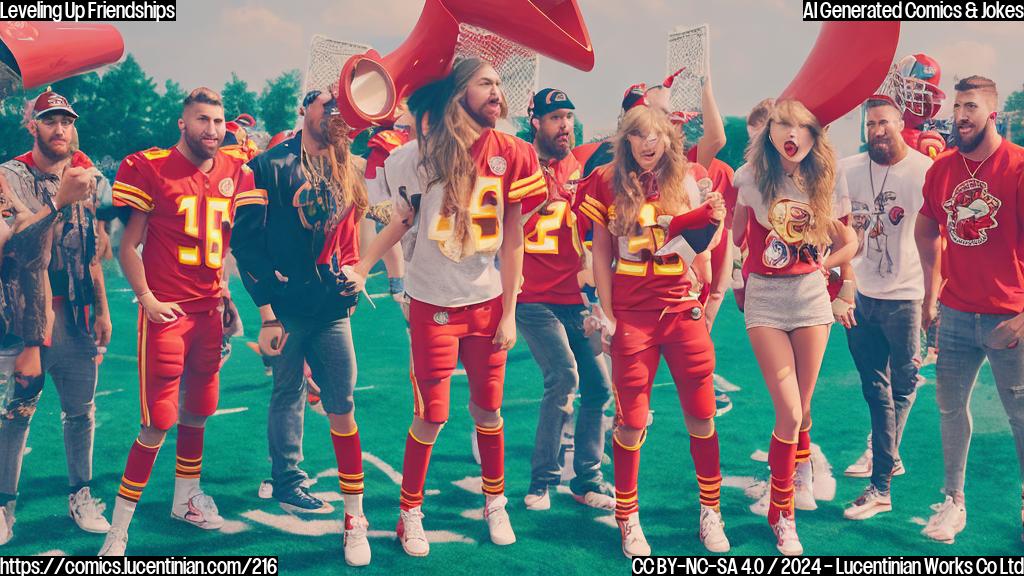 Draw a cartoon style image of Taylor Swift standing on top of a ladder, surrounded by Travis Kelce and his friends. They are all smiling and holding hands or arms around each other. The background is a blurred football field with the Kansas City Chiefs' logo in the distance. Taylor Swift is wearing her signature outfit and has a megaphone in hand. The style should be colorful and playful.