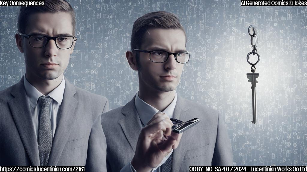 A serious-looking human with a briefcase standing next to a giant key hidden behind a locked door, with a worried expression on their face and a subtle hint of a neural network pattern in the background.