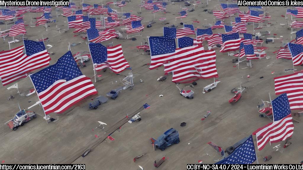 Aerial view of multiple drones flying in formation, with a subtle hint of American flags waving in the background