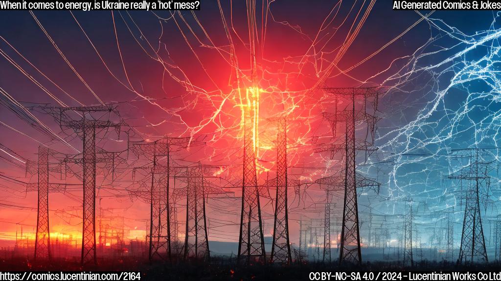 A giant electrical grid with multiple wires and switches, surrounded by flames and sparks, with a dark and ominous background color. A small, red light bulb in the center of the image, representing Ukraine's energy infrastructure.