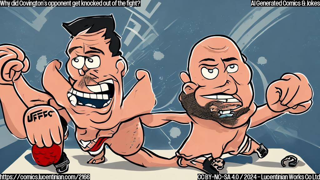 a cartoon style image of a person with a shocked expression, punched in the face by another person wearing a UFC title belt and holding a punching glove, standing in front of a MMA themed background