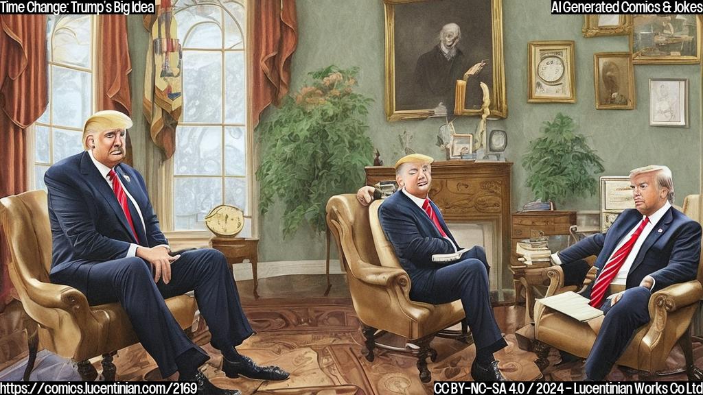 A cartoon of Donald Trump sitting in a therapist's office, with a puzzled expression on his face and a grandfather clock standing behind him, also looking concerned. The therapist should be depicted as a neutral, middle-aged figure with a notepad and pen.