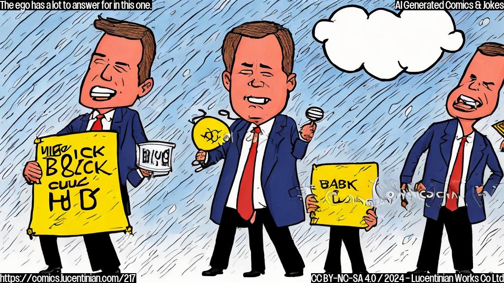 Draw a cartoon of two politicians standing back-to-back, with one having a big, puffy head and the other looking concerned. The puffy-headed politician is holding a megaphone and has a cheesy grin on their face. They're surrounded by stormy weather and destroyed buildings in the background. The concerned politician looks like they're about to cry and has a "weathering the storm" metaphor scribbled on a whiteboard nearby. The style should be reminiscent of 8-bit video games, with bright colors and chunky lines.