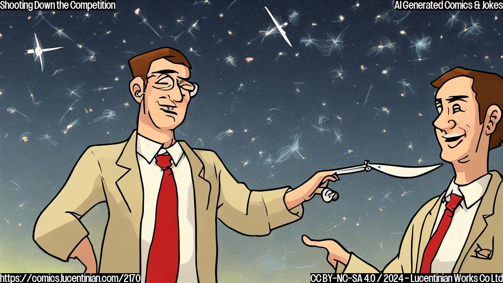 Draw a cartoon-style picture of an astronomer standing under the sky, looking up at the stars with a surprised expression. The astronomer is holding an umbrella, but it's being blown away by the wind caused by shooting stars streaking across the sky in the background. Include 5-7 shooting stars moving rapidly through the sky, with some of them leaving trails behind them.