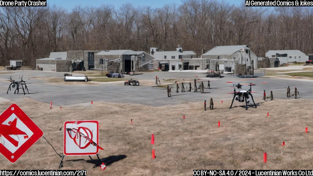 A group of drones hovering near two military installations in New Jersey, with a red "no trespassing" sign in the background and a few soldiers in the distance looking up at the drones with concerned expressions.