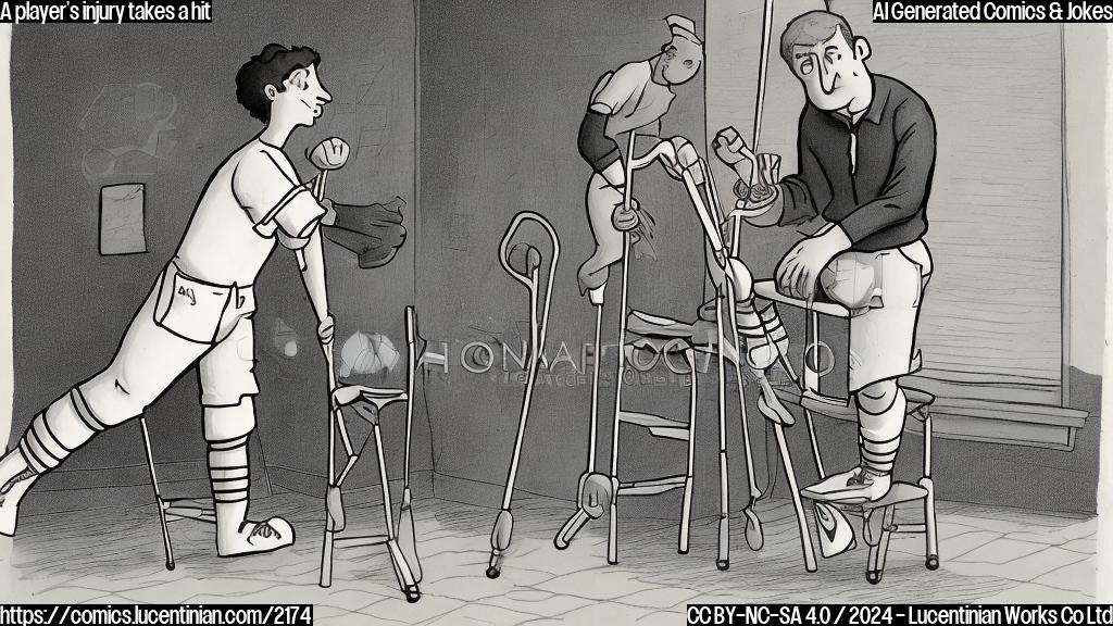 A cartoon style image of an athlete sitting on a step stool with crutches and bandages on their ankle, looking sad and disappointed. The athlete is wearing football gear and holding a ladder in one hand. In the background, there's a faint image of a football field with a doctor's office nearby.