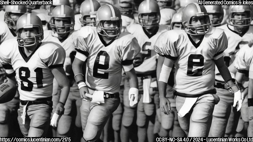 A cartoon style image of a smiling quarterback with a confused expression, surrounded by football players walking away from him in different directions. The quarterback should be holding onto his helmet and wearing a determined look on his face.