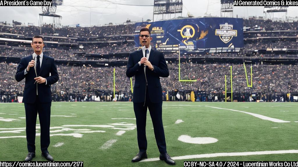 a man wearing a suit and holding a microphone stands next to a football field, with two teams playing on the field. The man is standing in front of the scoreboard that reads Army-Navy game.