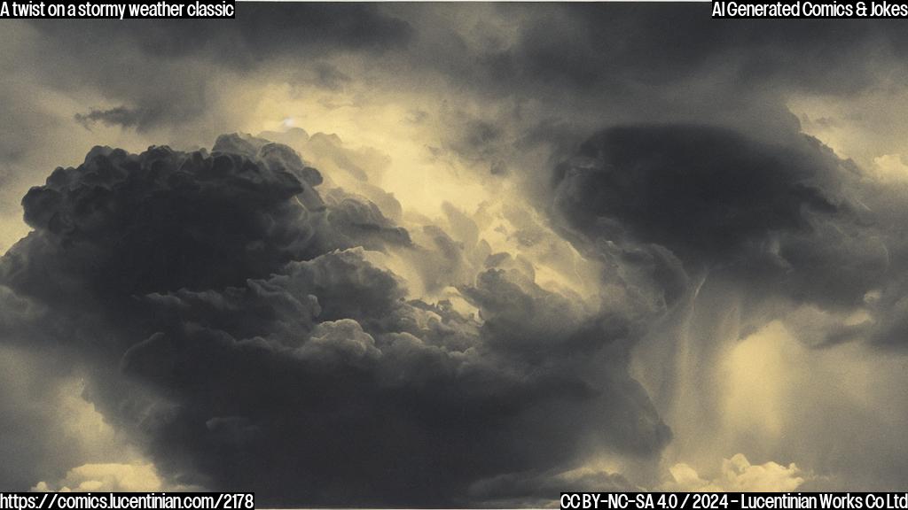 A large, dark storm cloud with a subtle smile and a few wispy tendrils emanating from its base, set against a bright blue sky with fluffy white clouds in the background.