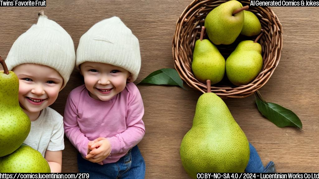 A smiling pear with a sibling next to it, both wearing matching hats and holding a basket of pears