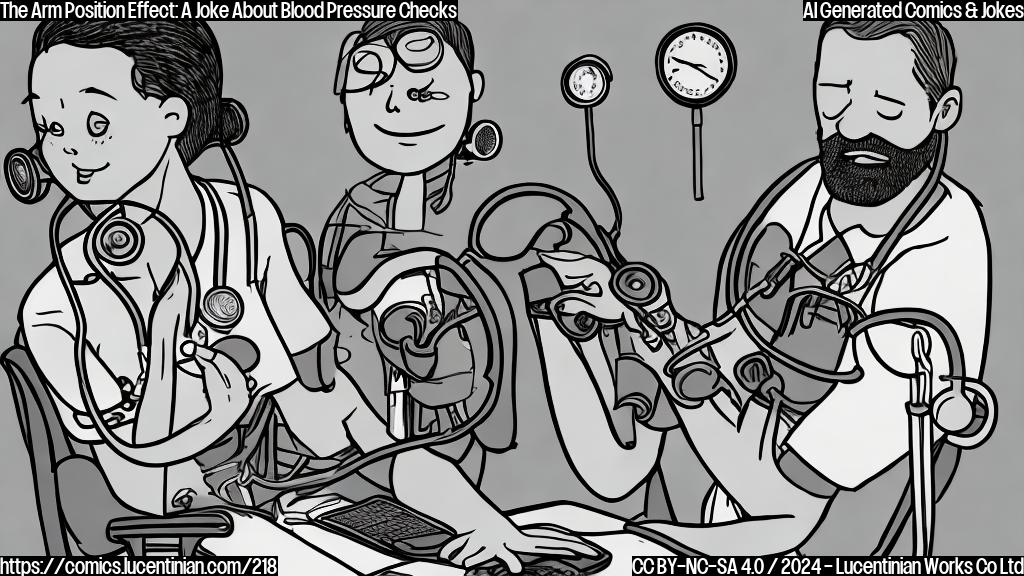 Illustrate a cartoon-style image of a person sitting in a chair, resting one arm on their lap and the other arm on a hard surface, with a stethoscope and blood pressure monitor visible. The background should be a simple, neutral color to emphasize the focus on the characters' arms.