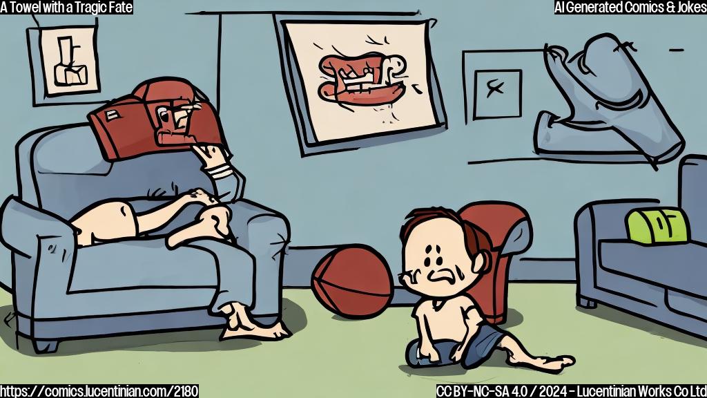 Draw a plain color cartoon style picture of a towel sitting on a couch, looking sad with a football field in the background, where a football player is taking a knee due to an injury.