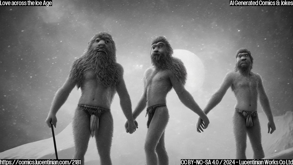 "A primitive human with a hairy torso and a club-like arm is holding hands with another humanoid, who has more refined features and is wearing a loincloth. The background is a snowy ice age landscape."