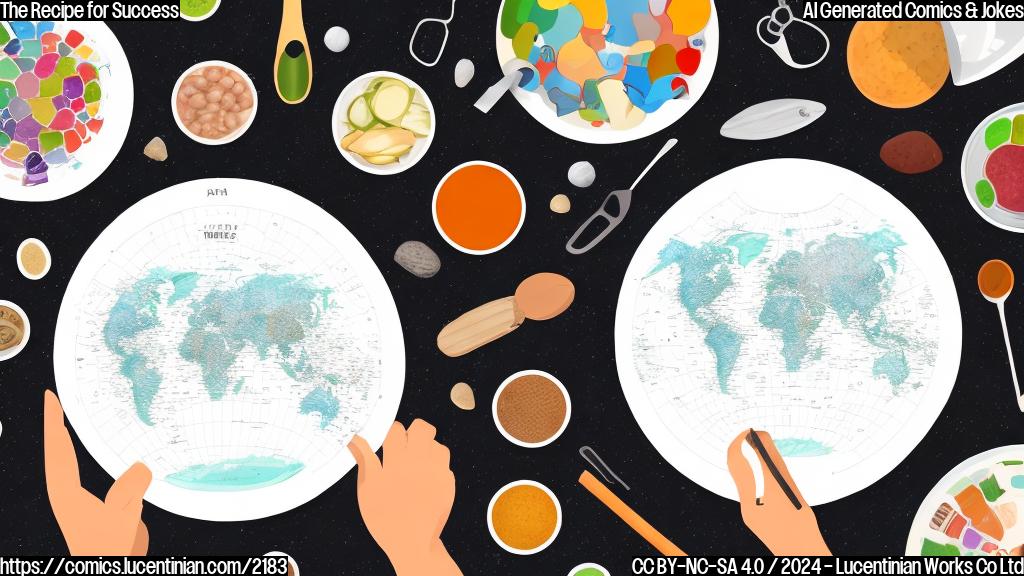 Draw an illustration of a person holding a tablet with a world map on it, surrounded by various kitchen utensils and ingredients, with a mixing bowl in the center containing a dish that resembles a miniature version of the world map.