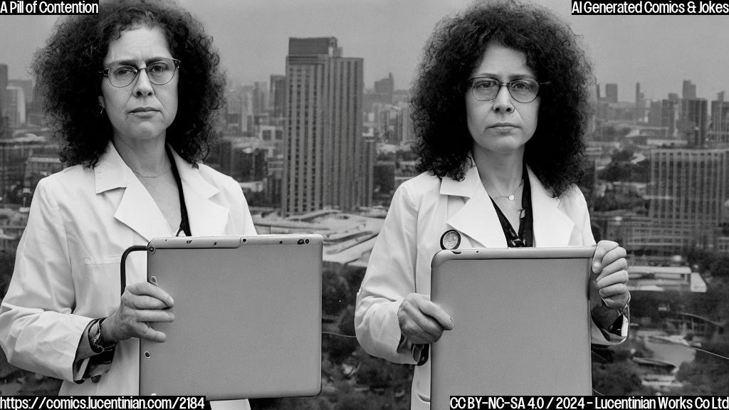 a middle-aged woman with curly brown hair and a stern expression, wearing a suit and holding a tablet with a medical diagram on the screen behind her, standing in front of a city skyline with a prominent courthouse