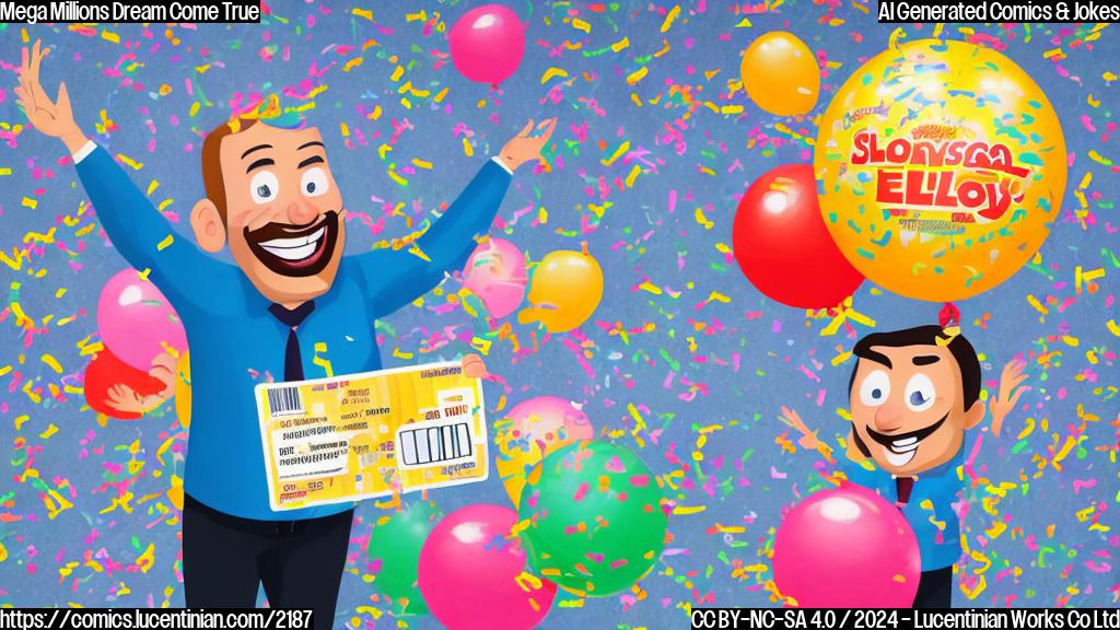 Draw a cartoon-style picture of a smiling, thrilled person (average middle-aged man with a beard) holding up their $350K Mega Millions ticket with a huge smile on their face, surrounded by confetti and balloons. The background is a sunny, Southern California-inspired landscape with palm trees and a bright blue sky. Incorporate tiny images of the California Lottery logo and dollar bills in the design.