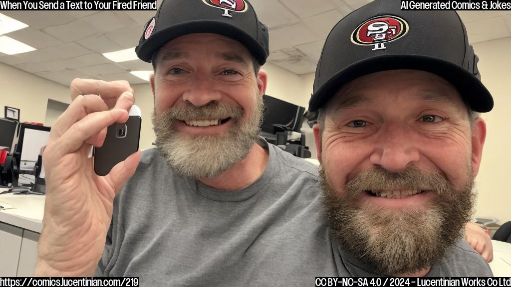 A smiling, older coach with a bushy beard and wearing a 49ers hat is sitting at a desk, holding his phone with a surprised expression on his face. A younger, similarly dressed coach with a clean-shaven face is standing in front of him, looking concerned and holding up his hands in defense. The background is a cluttered office with papers and pens scattered around.