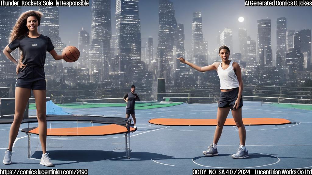 a human figure in athletic wear with a basketball in hand, standing on top of a trampoline, with a cityscape background and sneakers at their feet that have faces and are wearing emotional expressions